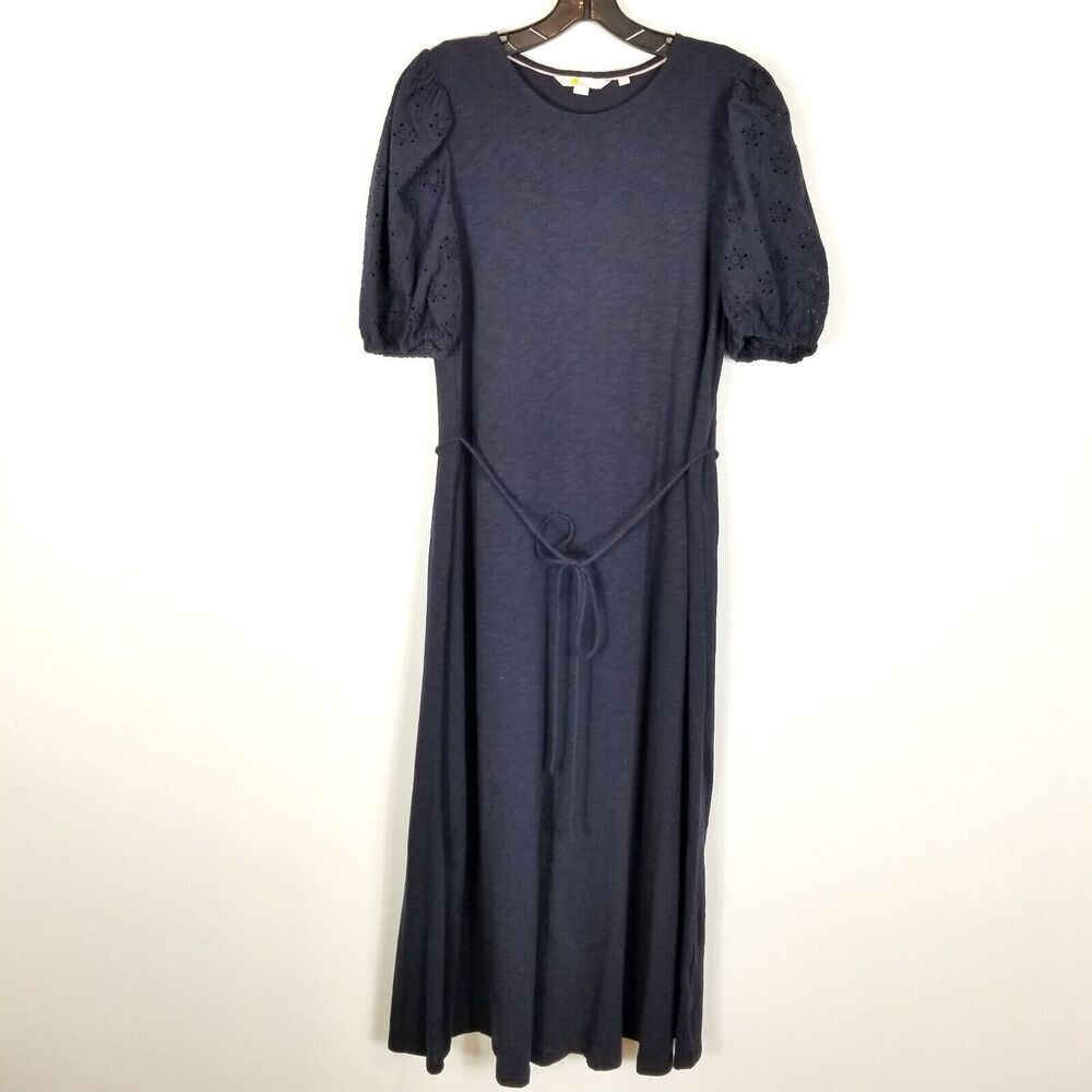 Boden Women Broderie Mix Jersey Midi Dress iSz 10 R  Navy Blue Balloon Sleeve‎